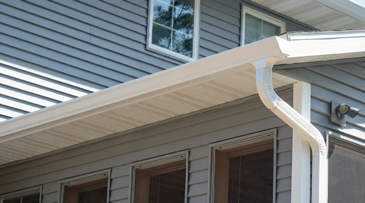 Professional home remodeling project showing newly installed white seamless gutters and downspouts on a house with gray siding in Henderson, NV