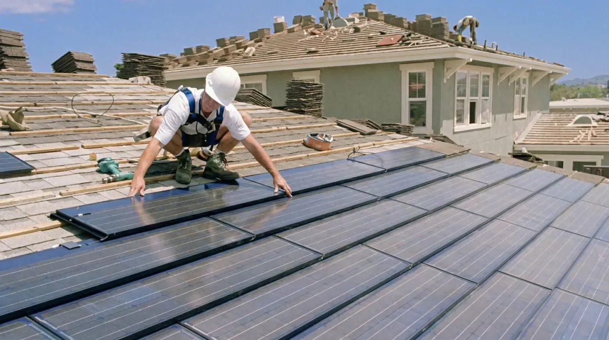 Roof replacement expert installing modern solar shingles on a residential home in Henderson, NV