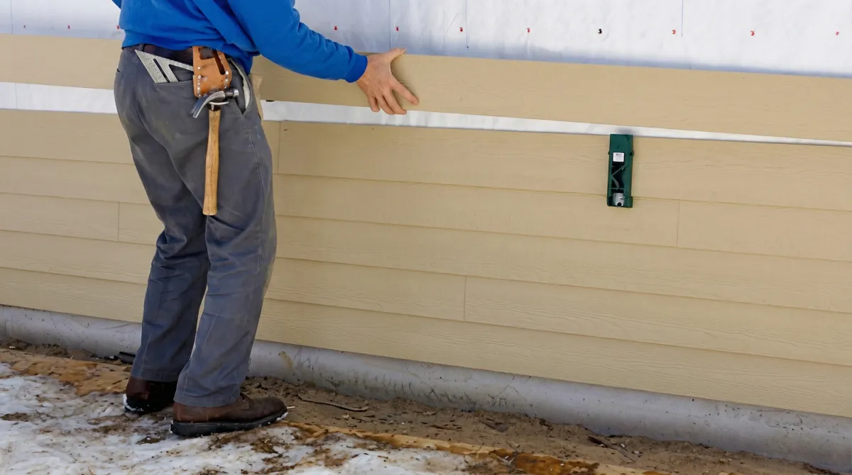 Siding replacement expert carefully aligning a new tan siding panel onto a residential exterior wall in Henderson, NV