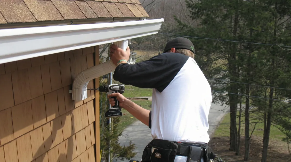 Professional contractor installing tan vinyl siding panels on a residential home exterior in Henderson, NV
