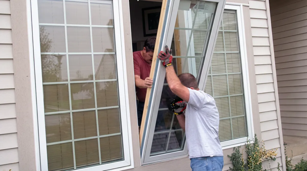 Professional home remodeling team installing a large replacement window on a house with tan siding in Henderson, NV